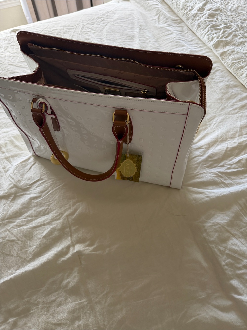 Arcadia White Patent Tote with Brown Trim and Gold Hardware